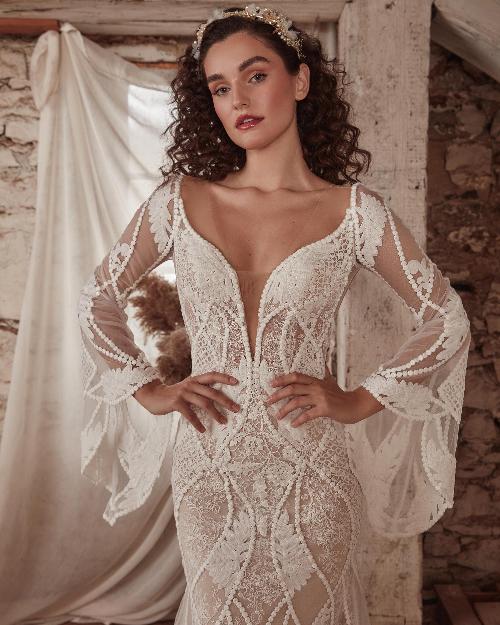 Lp2135 backless boho wedding dress with bell sleeves and lace1